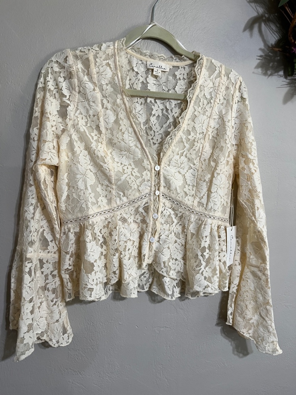 Lace Peplum Button-Front Blouse in Cream - Picture 8 of 10
